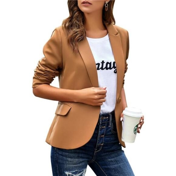 Women's Long Sleeve Formal Blazer Jacket Camel - Picture 4 of 4